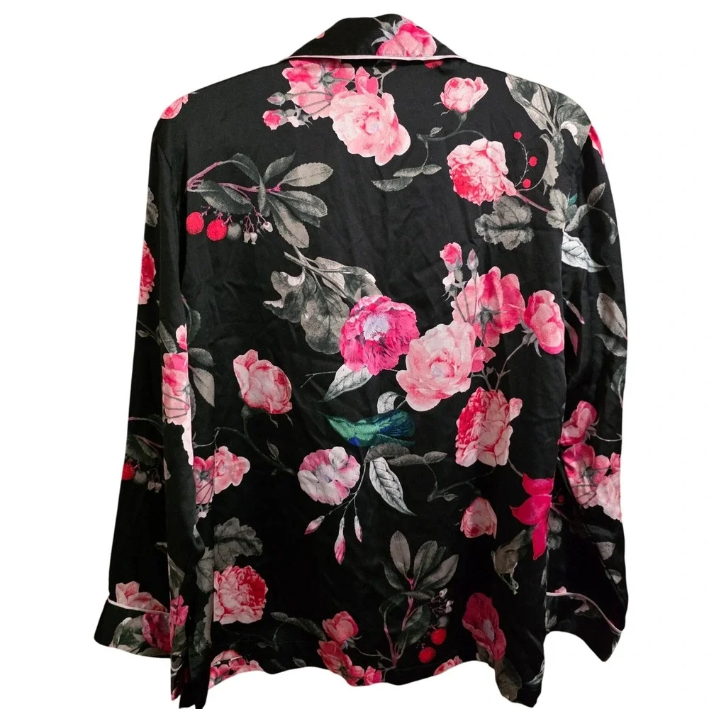 Victoria's Secret Black Pink Floral Silky Pajama Top Monogram Pocket Medium‎